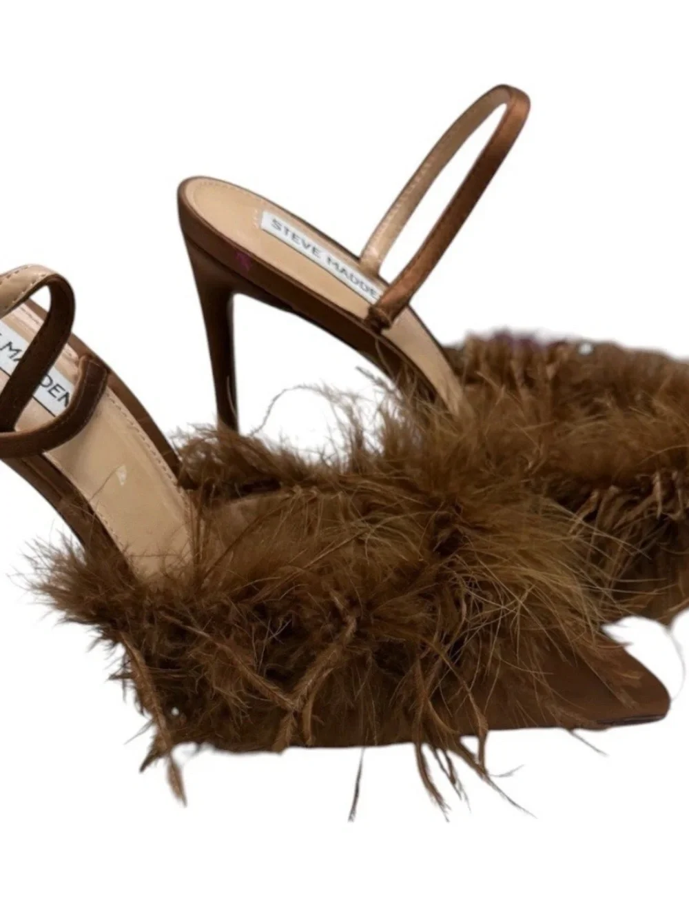 Steve Madden cocktail Satin Pumps and Feather Toe SlingBack Brown Heels Size 9